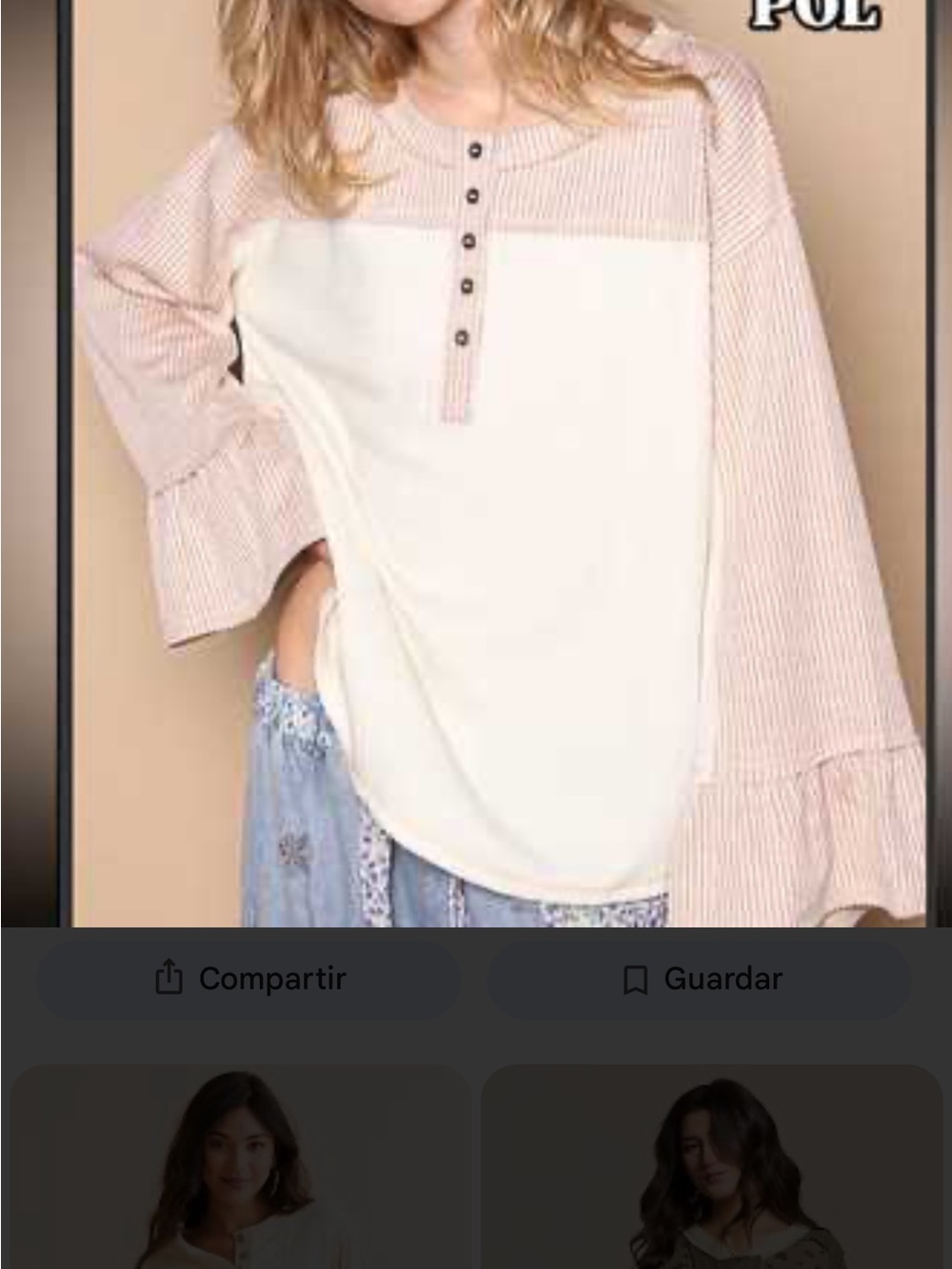 POL Cream Body with Light Pink Striped Bell-Sleeve Henley